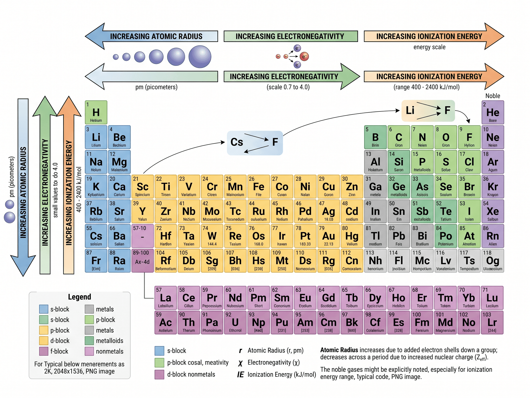 Tendances périodiques — Diagramme du tableau périodique montrant les tendances du rayon atomique, de l'électronégativité et de l'énergie d'ionisation.