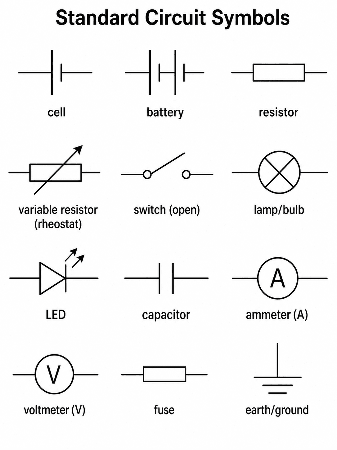 Tabla de símbolos de circuitos — Una cuadrícula de referencia de símbolos de circuitos estándar (pila, resistencia, interruptor, lámpara, LED, condensador, amperímetro, voltímetro y más), cada uno etiquetado.