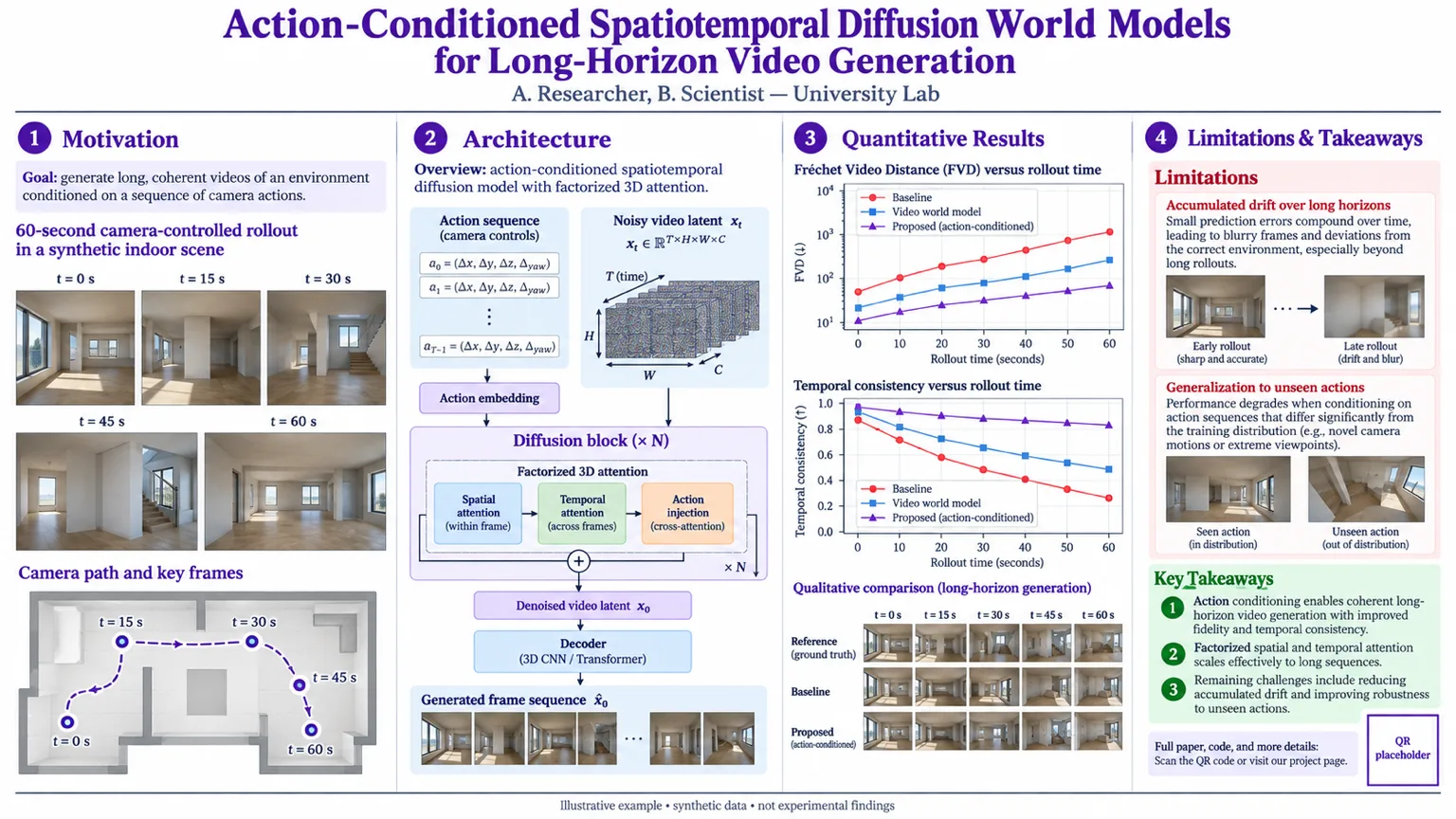 Video generation world model — Spatiotemporal diffusion transformer, multi-frame rollout strip, and FVD benchmark table.