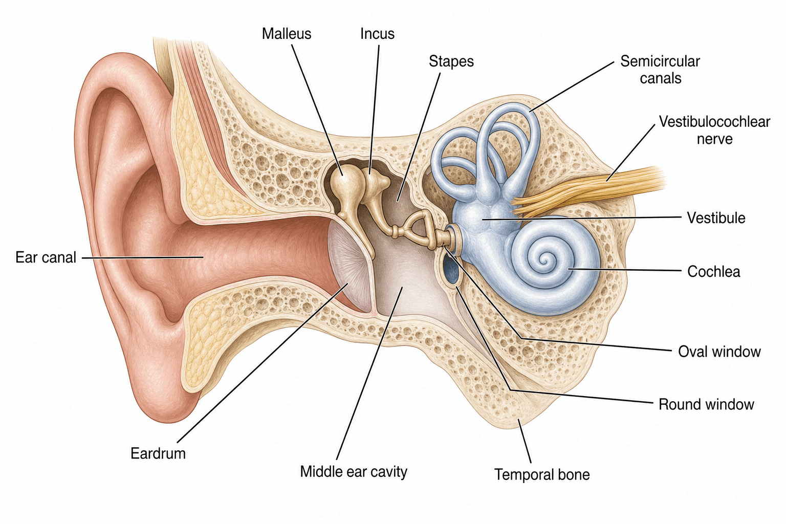 Ear Cross-Section — An anatomical cross-section through the ear and temporal bone, showing the ossicular chain, oval and round windows, and the inner ear.