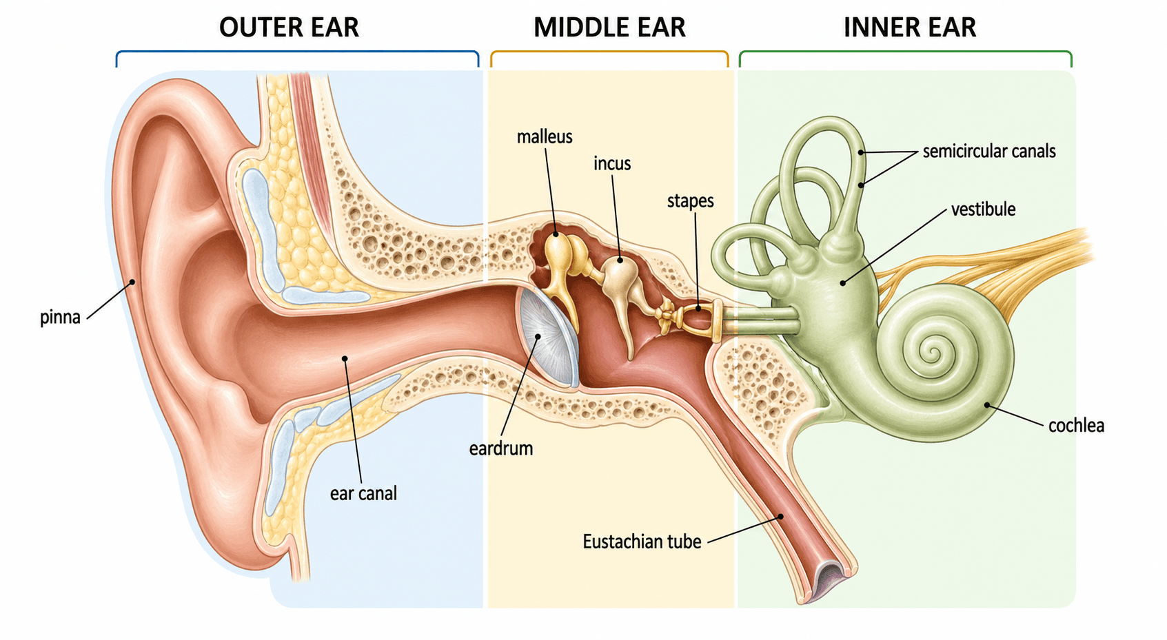 Outer, Middle & Inner Ear — The ear split into three colour-coded regions — outer, middle, and inner — each with its own heading and labeled structures.