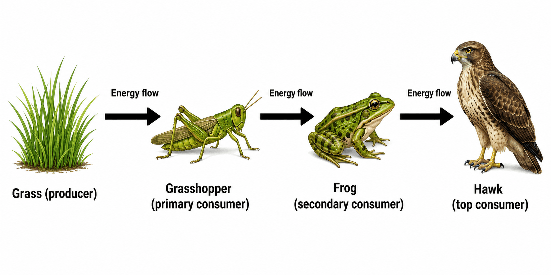 Catena alimentare del flusso di energia — Catena alimentare con frecce in grassetto che indicano chiaramente la direzione del flusso di energia tra gli organismi, sottolineando che l'energia sale lungo la catena.