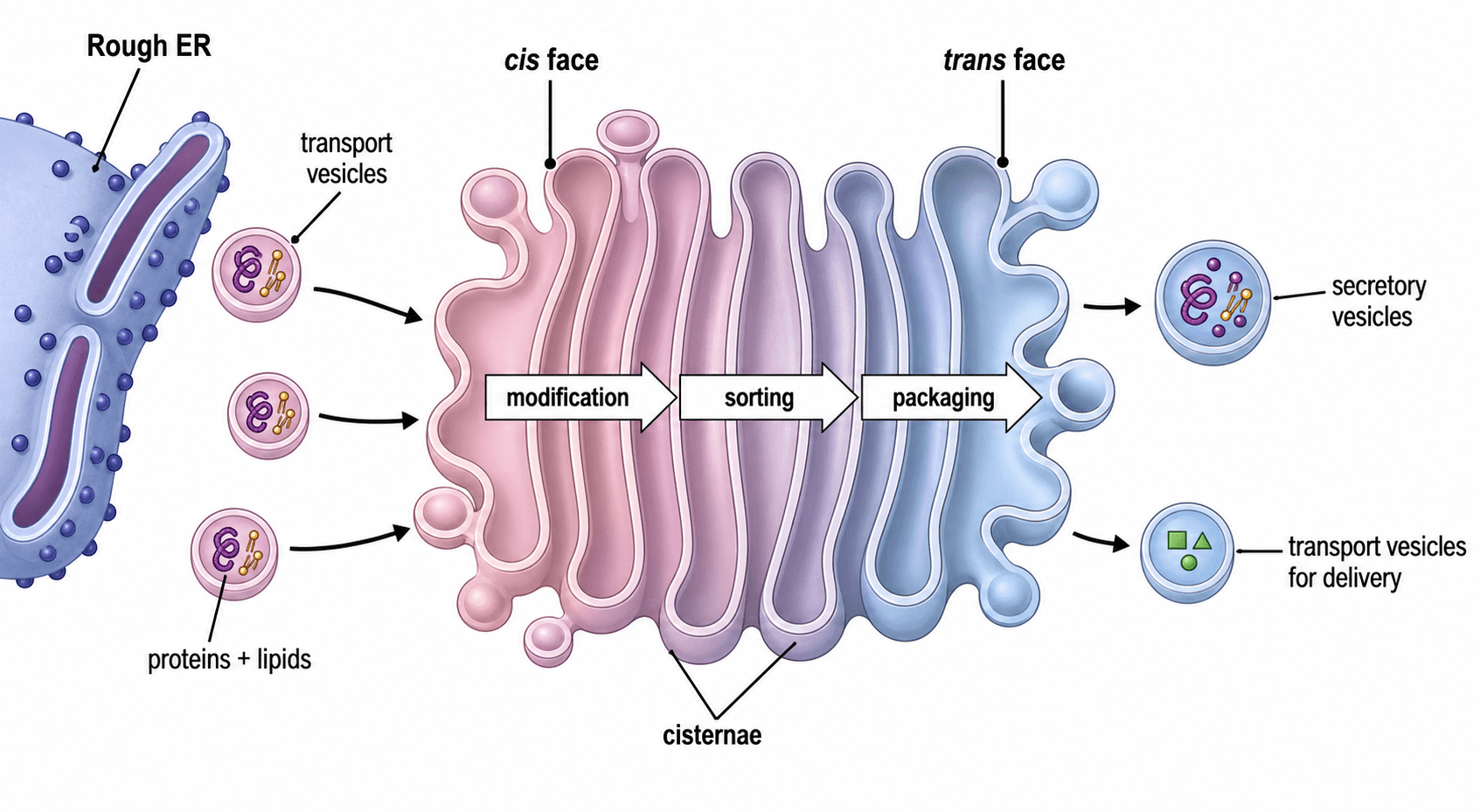 Fonction du Golgi — Comment le Golgi modifie, trie et conditionne les protéines à mesure qu'elles se déplacent de la face cis à la face trans.