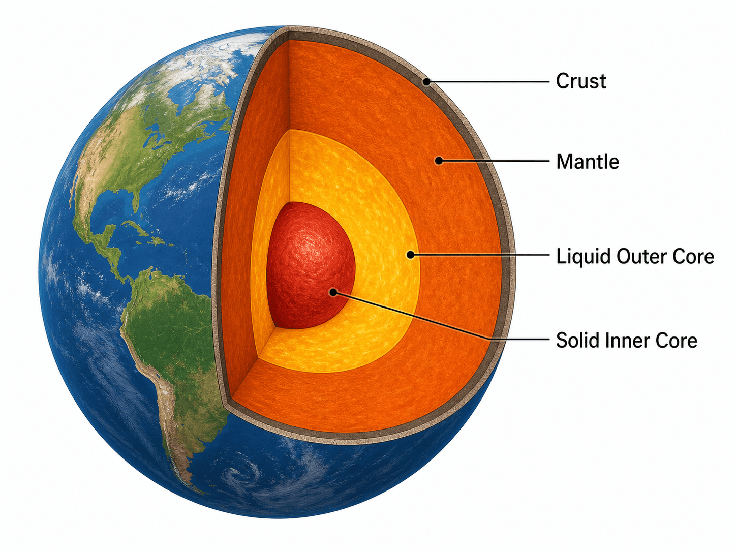 Coupe transversale — Une coupe transversale de la Terre montrant chaque couche sous forme de bande colorée, de la surface jusqu'au centre, comme une sphère tranchée.