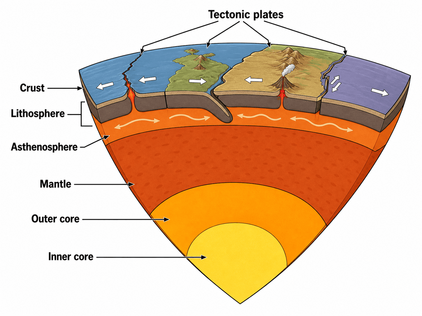 Croûte et tectonique des plaques — Un schéma des couches de la Terre mettant en évidence la croûte et la lithosphère rigide dans le contexte de la tectonique des plaques, avec les plaques tectoniques annotées.