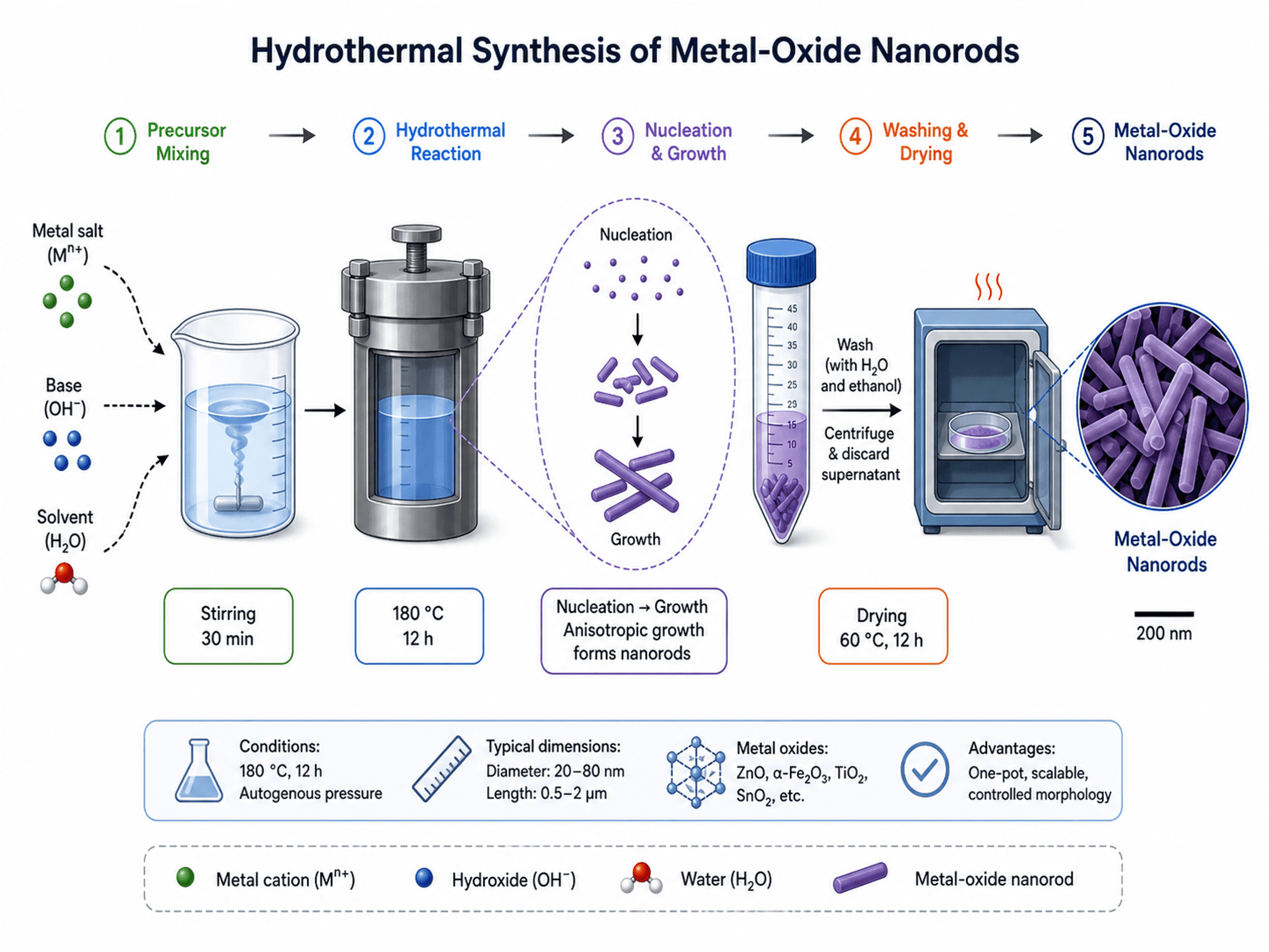 Schéma de synthèse de nanomatériaux — Voie de synthèse hydrothermale étape par étape avec conditions réactionnelles et flèches de procédé.