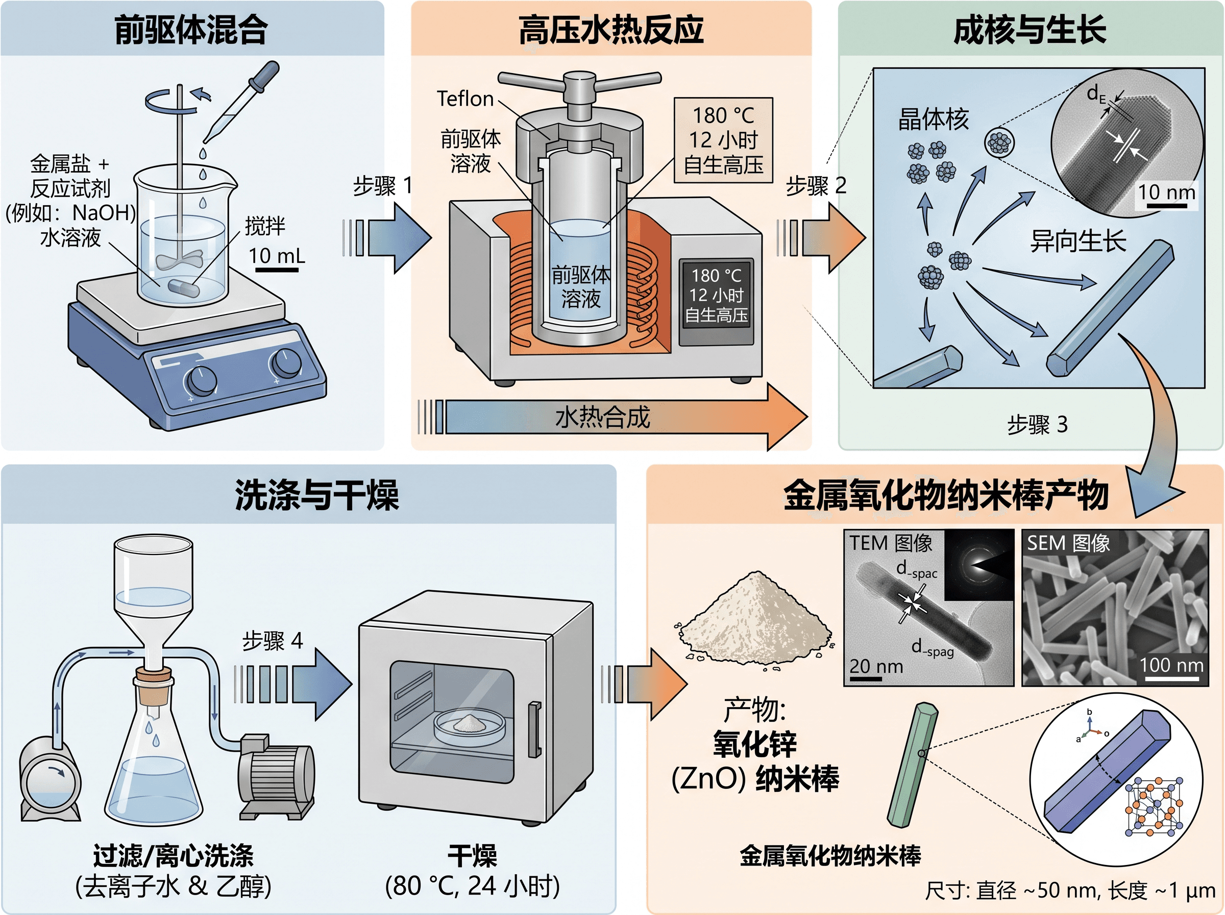 纳米材料合成示意图 — 含反应条件与流程箭头的水热法合成路线分步示意图。