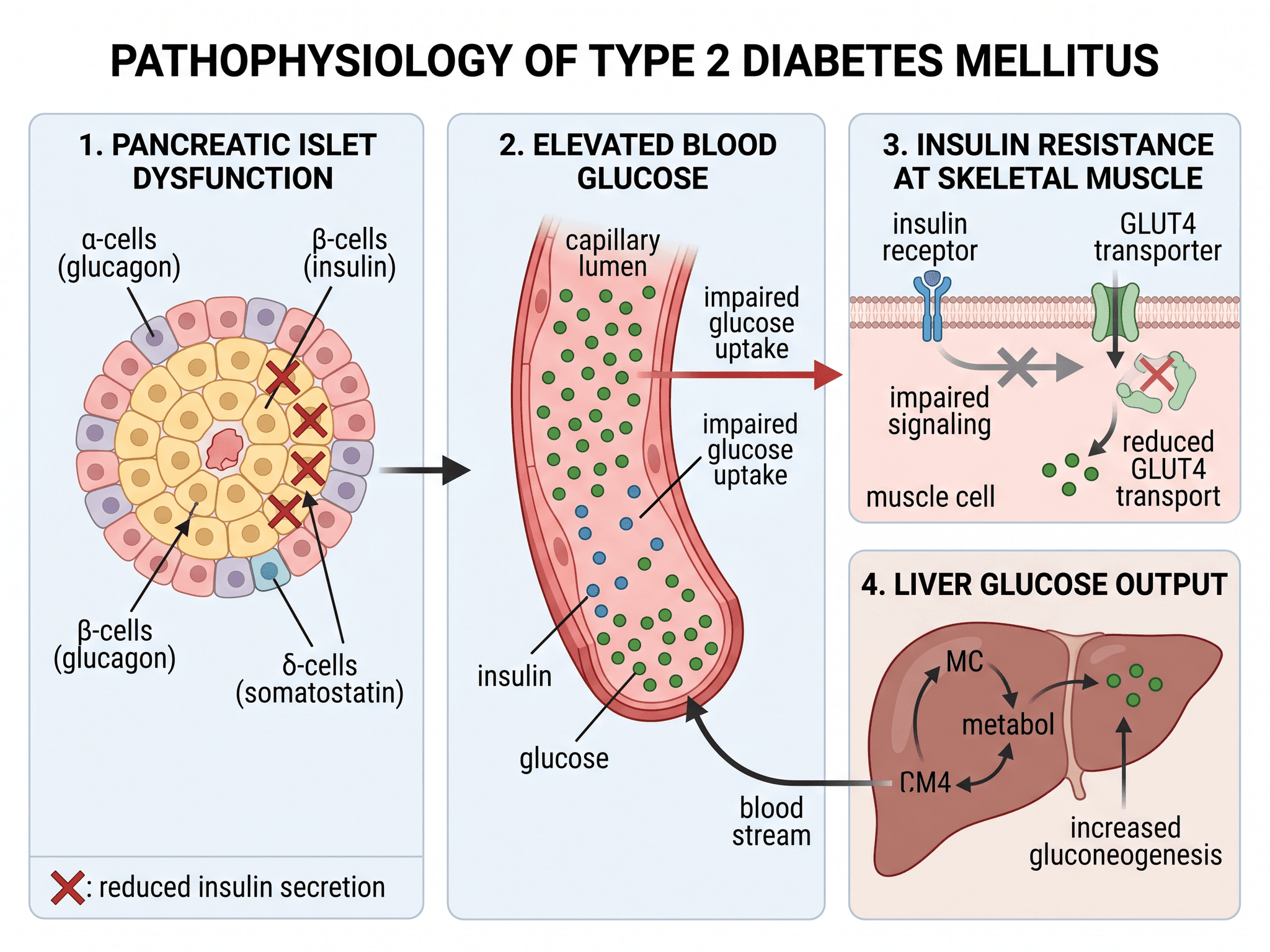 Krankheitspathologie — Typ-2-Diabetes-Pathologieillustration mit Insulinresistenz und Glukosewegen.