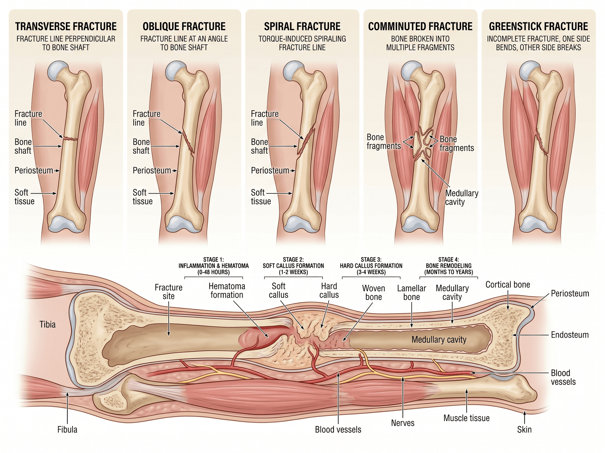 Verletzungs- und Frakturtypen — Mehrpaneliges Knochenbruch-Illustrationsmaterial für Orthopädie- und Traumalehre.