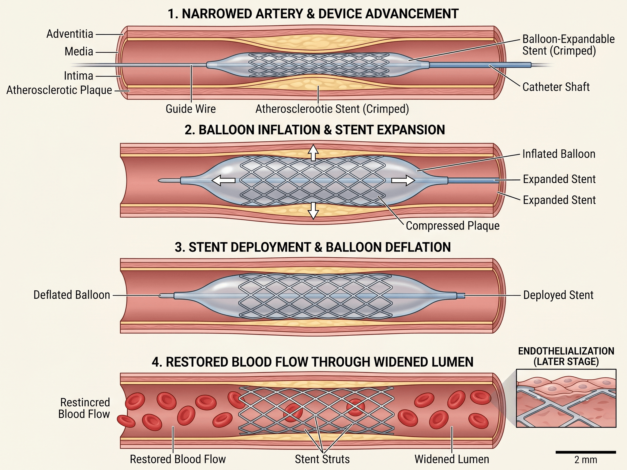 Platzierung medizinischer Geräte — Koronarer Stent-Platzierungsillustration mit Gerätepositionierung und wiederhergestelltem Blutfluss.