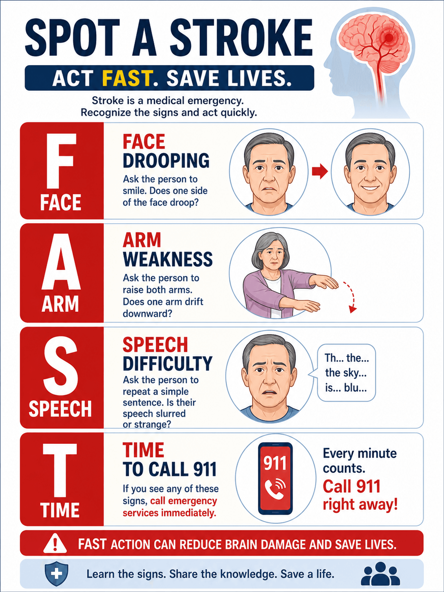 Checklist de symptômes — Infographie de reconnaissance des symptômes d'AVC FAST pour l'urgence et l'éducation des patients.