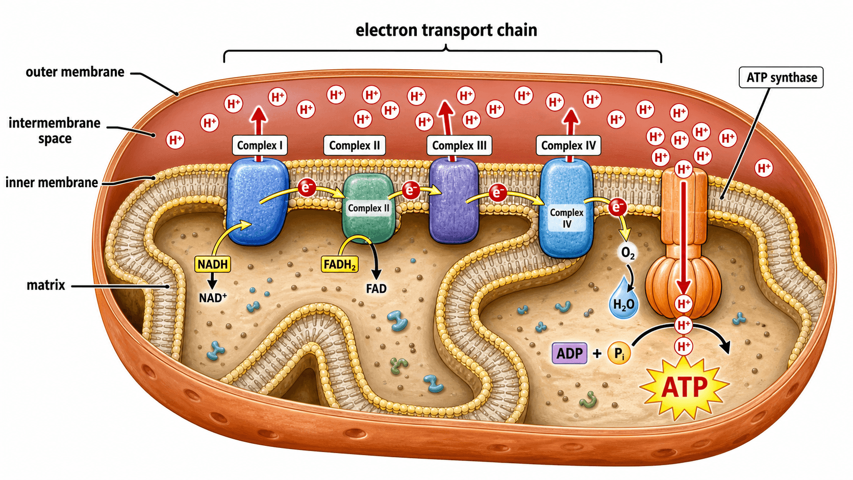 Producción de ATP — Diagrama funcional que muestra la fosforilación oxidativa: la cadena de transporte de electrones y la ATP sintasa en la membrana interna bombeando protones y produciendo ATP.
