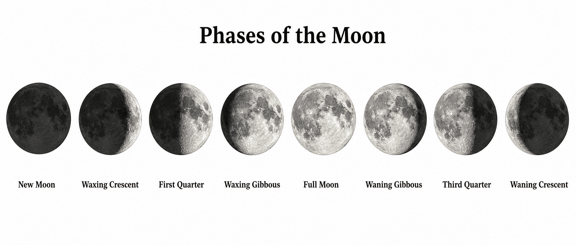 Otto fasi lunari — Una fila delle otto fasi lunari dalla Luna nuova alla Luna calante, ciascuna mostrata con le sue porzioni illuminate e in ombra ed etichettata con il suo nome.