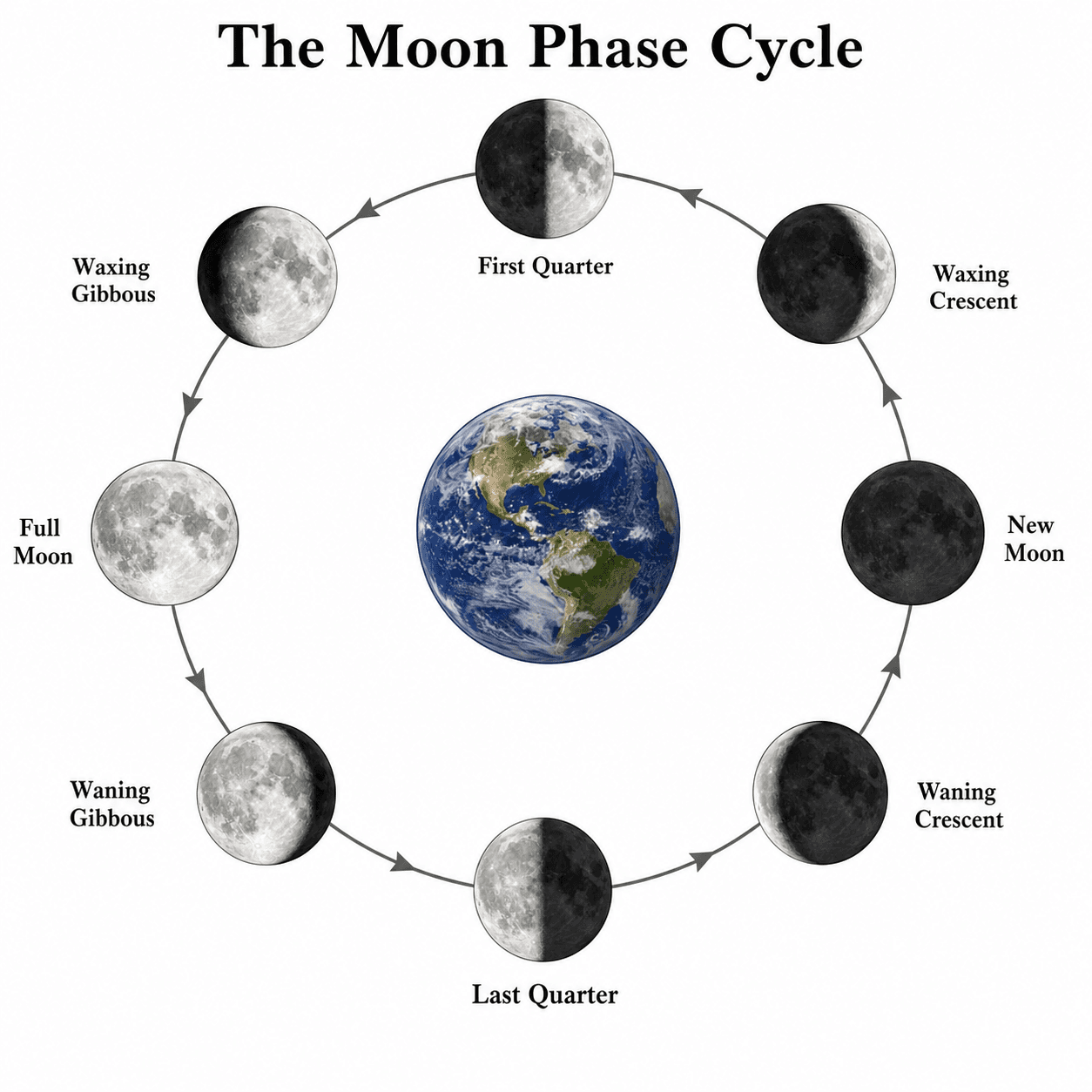Ciclo delle fasi lunari — Un diagramma circolare del ciclo delle fasi lunari disposto attorno alla Terra, che mostra come le fasi si ripetono durante il mese lunare.