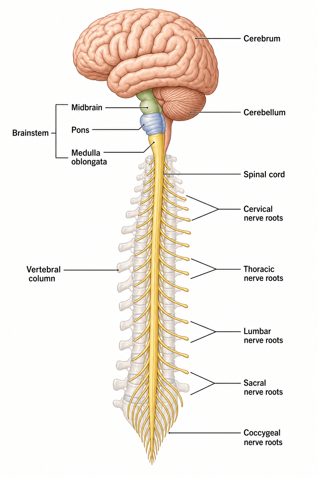 Cerebro y médula espinal — El sistema nervioso central, desde las regiones del cerebro hasta las raíces de los nervios espinales.