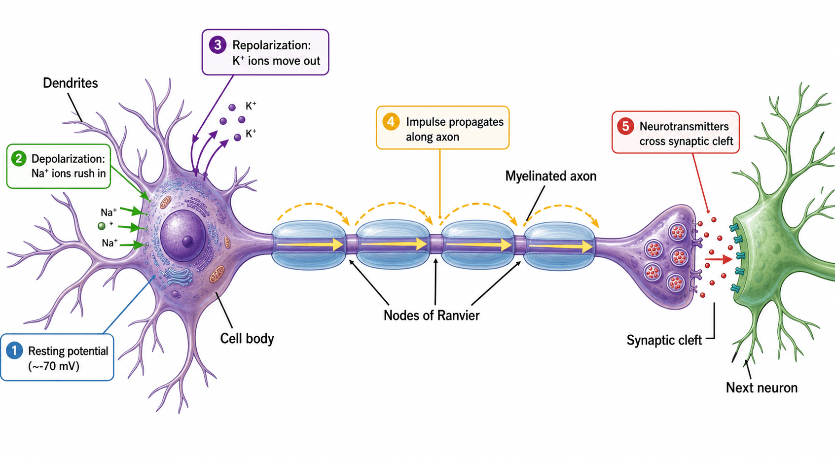 Transmisión de la señal nerviosa — Cómo viaja un impulso por una neurona y cruza una sinapsis, paso a paso.
