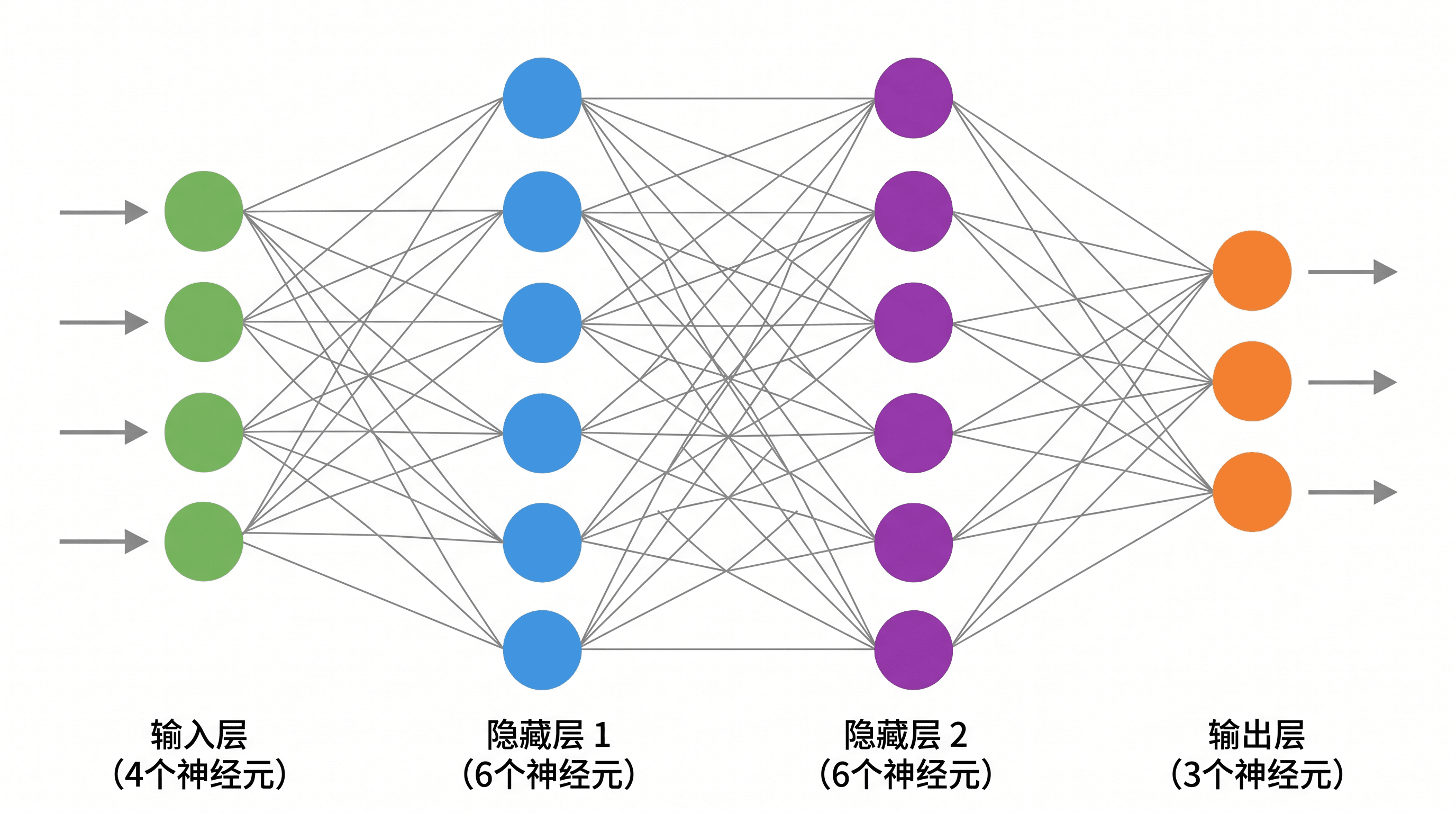 前馈 MLP — 输入层、隐藏层、输出层，标注节点与加权连接。