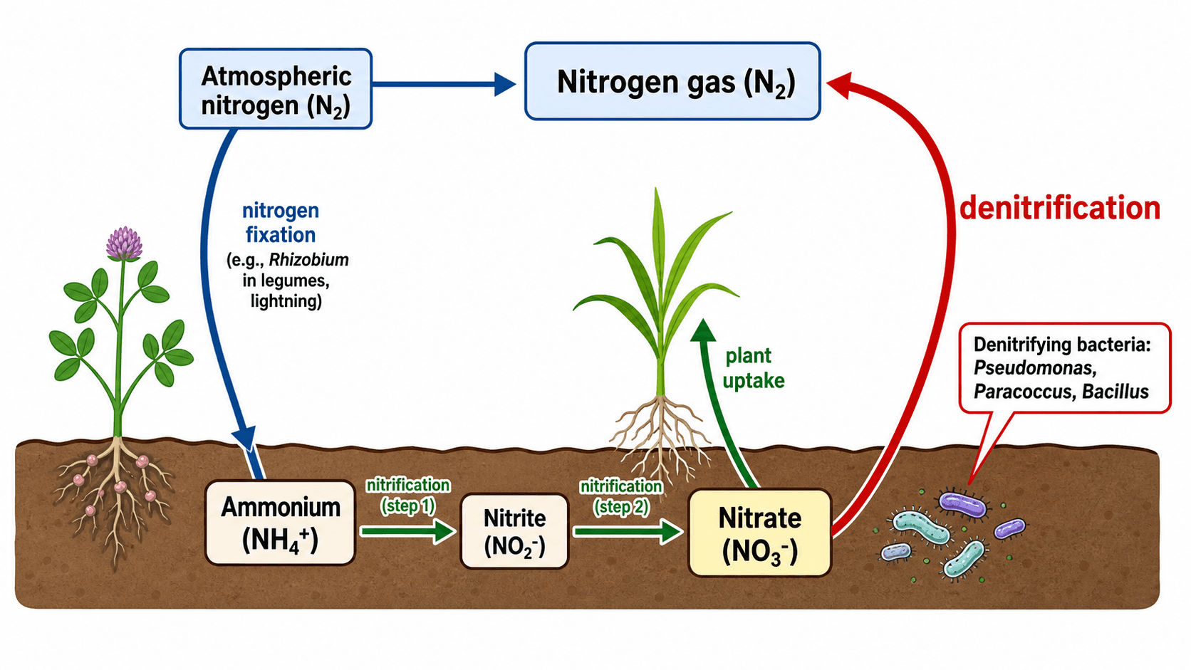 Denitrifikation — Stickstoffkreislauf, der die Denitrifikation hervorhebt, bei der Bakterien Nitrat als Stickstoffgas in die Atmosphäre zurückführen und so den Kreislauf schließen.