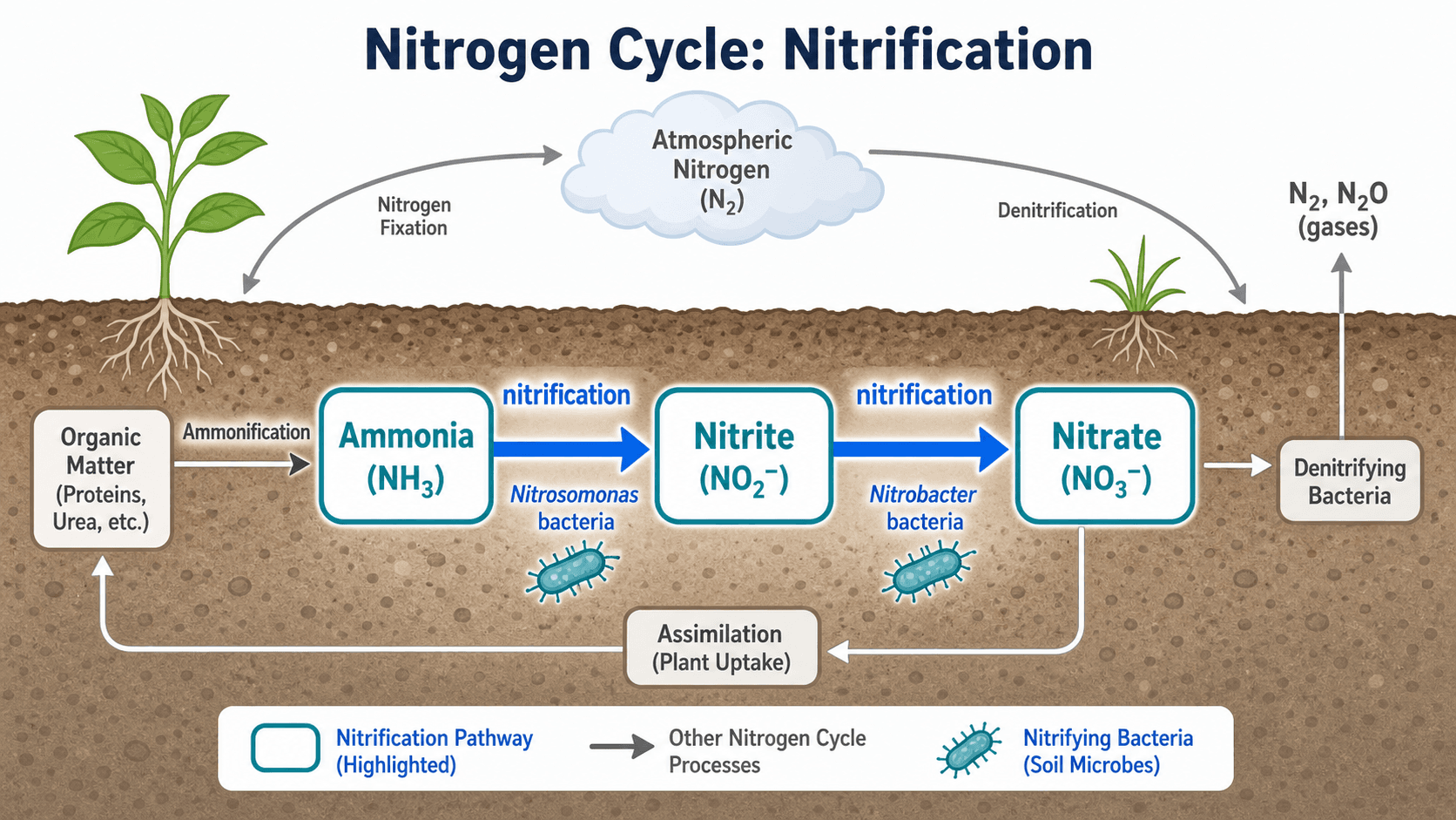Nitrifikation — Stickstoffkreislauf, der die Nitrifikationsschritte hervorhebt, bei denen Ammoniak durch Bodenbakterien zu Nitrit und dann zu Nitrat umgewandelt wird.