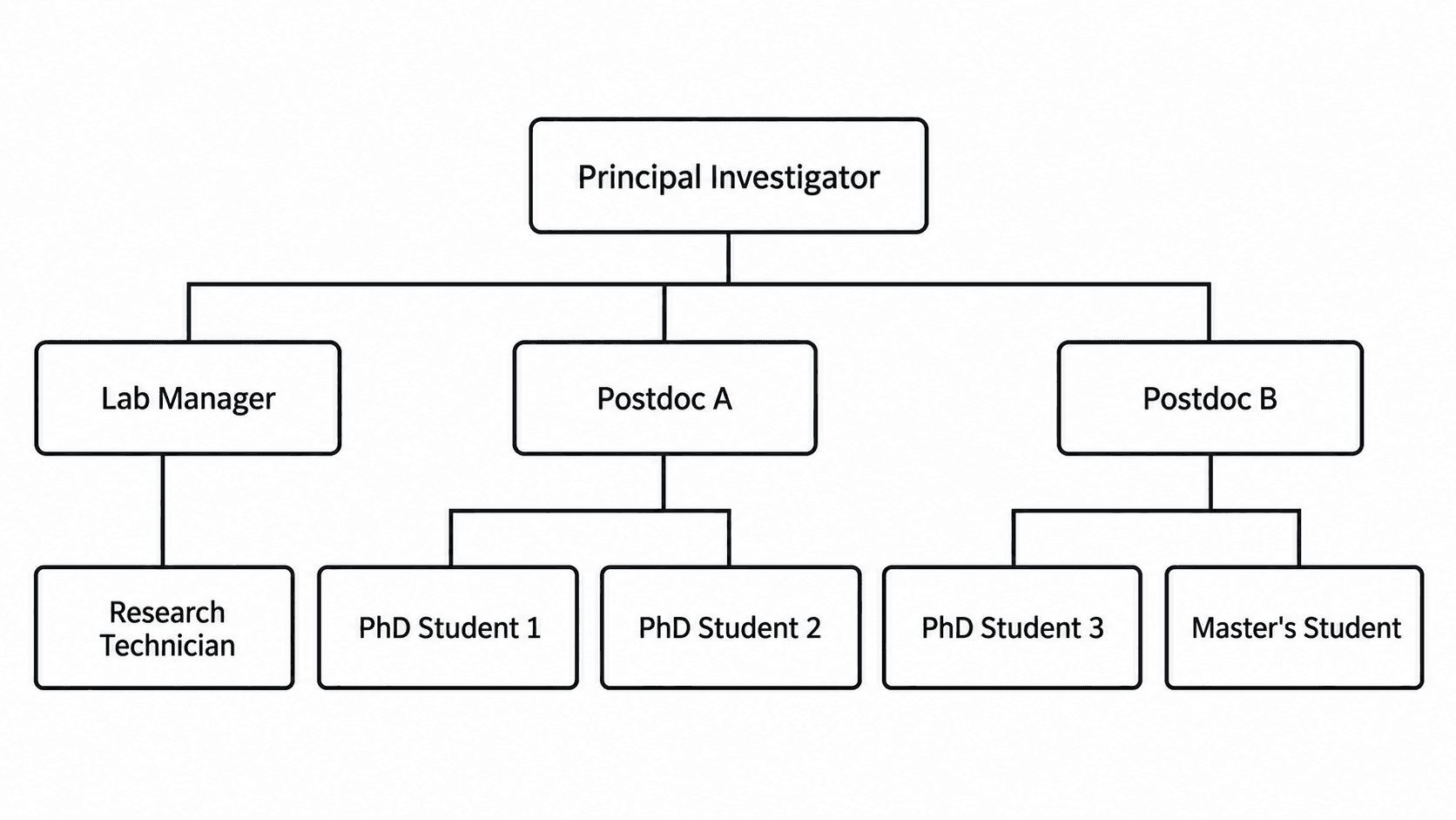 大学研究室の体制図 — 主任研究員（PI）、ポスドク、大学院生、研究技術員からなる研究室体制。