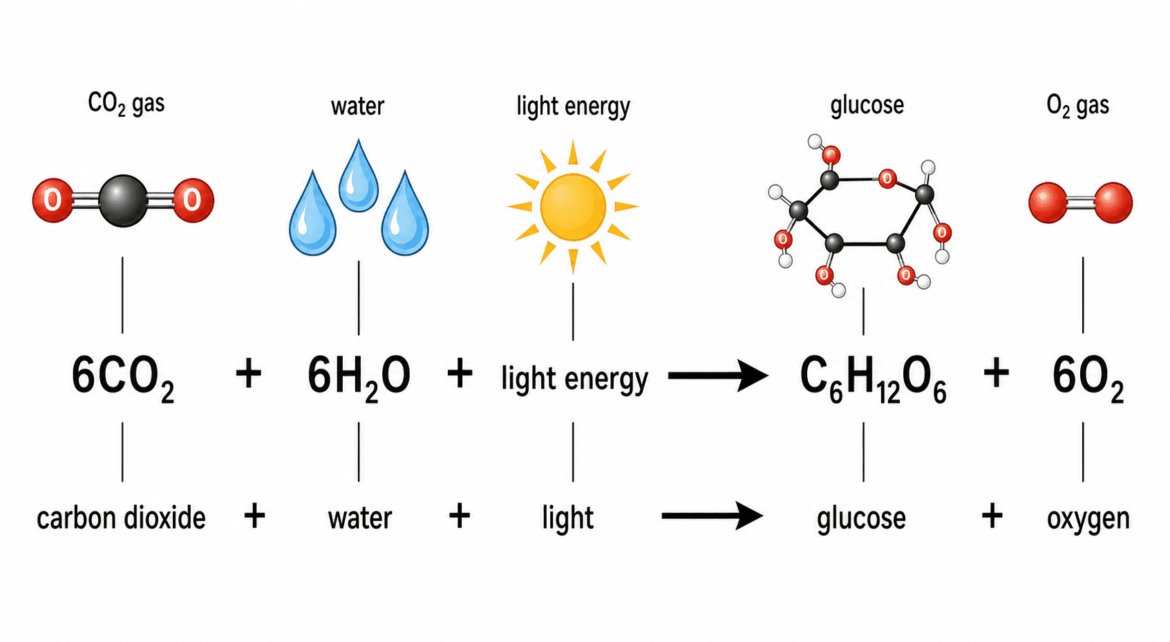 Équation de la photosynthèse — L'équation chimique et l'équation textuelle équilibrées de la photosynthèse avec des icônes annotées pour chaque réactif et produit reliés par une flèche de réaction.