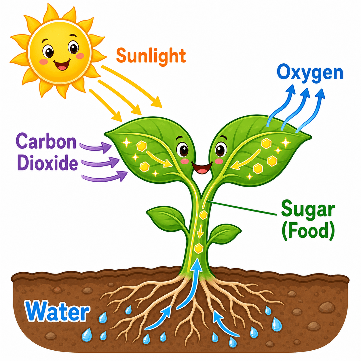 Schéma simple pour enfants — Schéma de la photosynthèse coloré et convivial pour l'école primaire et le collège — lumière du soleil, eau, dioxyde de carbone, oxygène et sucre avec de grandes légendes.