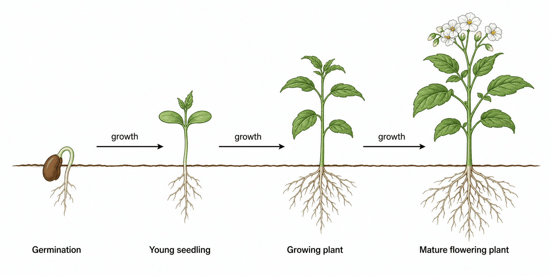种子到植物的序列 — 线性的种子到植物示意图，从左到右依次展示萌发、生长和开花，并配有标注箭头。