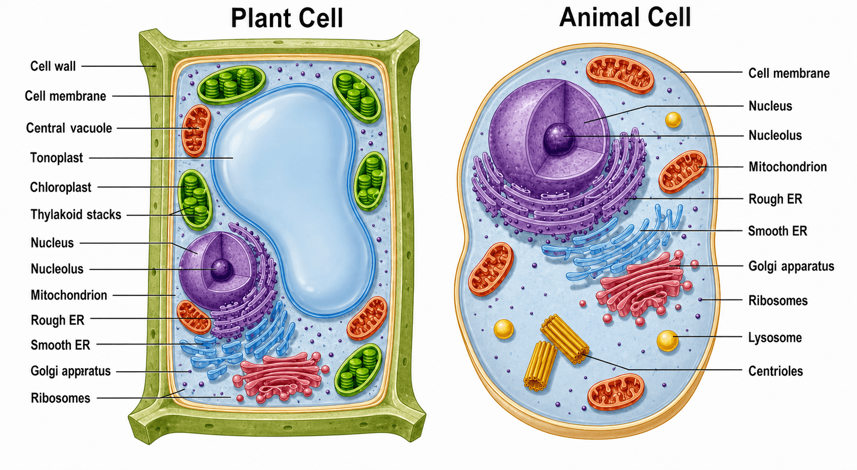 Vollständig beschrifteter Vergleich — Detaillierte Querschnitte beider Zellen, bei denen jede Organelle benannt ist und ein einheitlicher Stil verwendet wird.