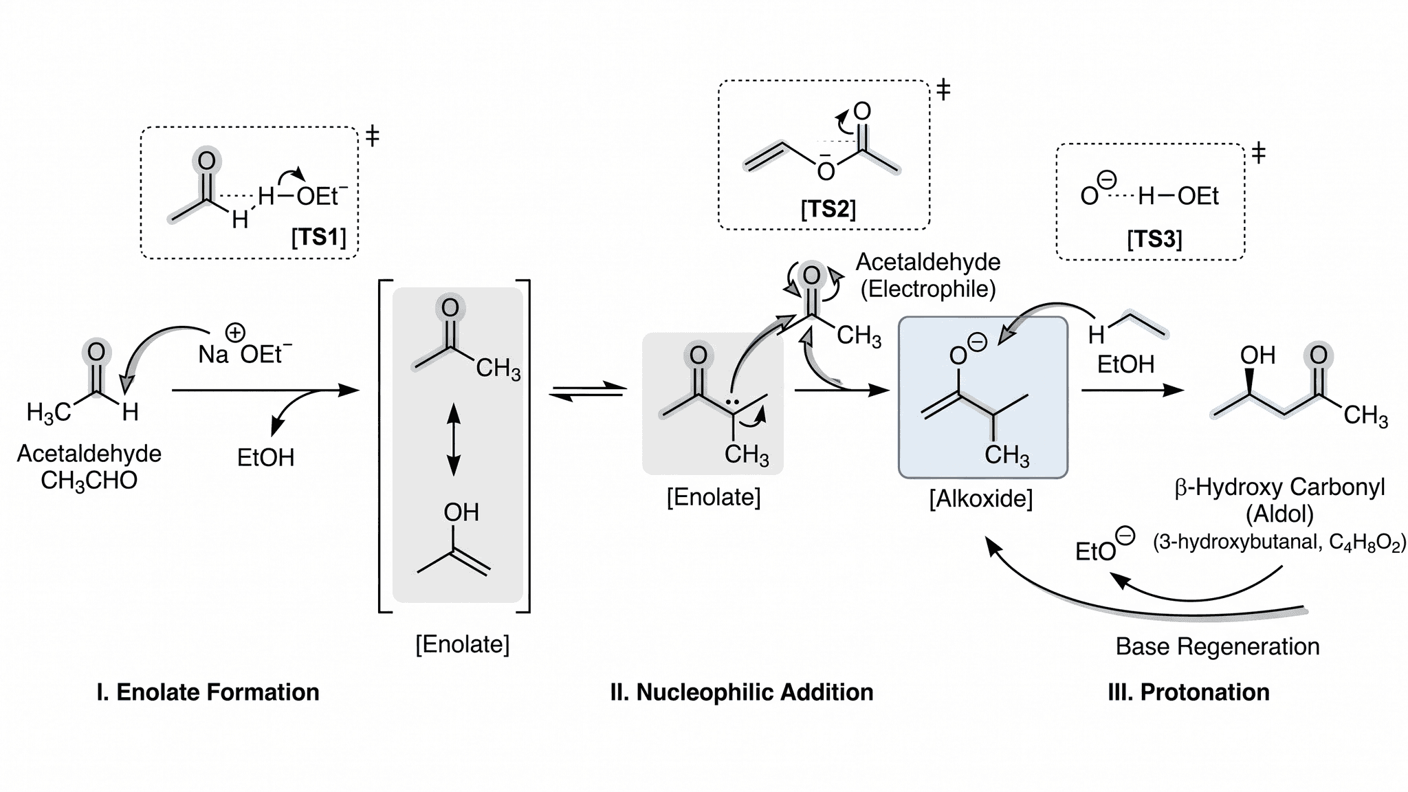 Reacción Aldólica — Mecanismo aldólico promovido por base con formación de enolato, adición carbonílica y producto beta-hidroxi carbonílico.
