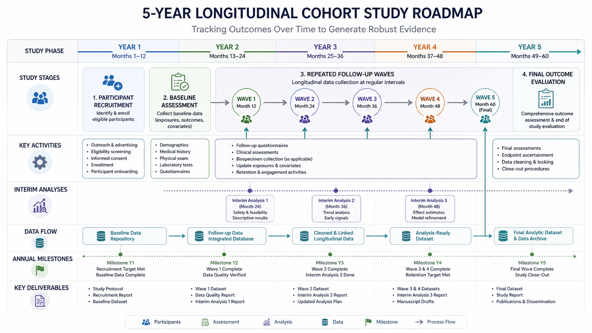 Multi-Year Study Plan — Longitudinal study roadmap with recruitment, follow-up waves, and outcome evaluation.