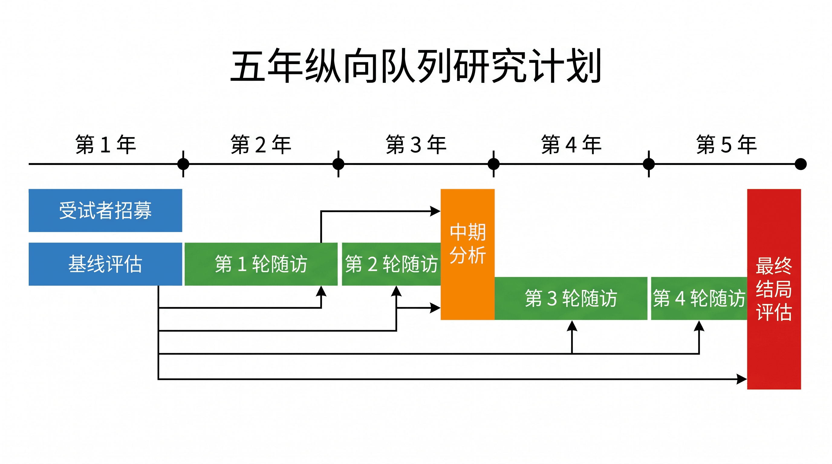 多年研究计划 — 包含招募、随访波次与结局评估的纵向研究路线图。