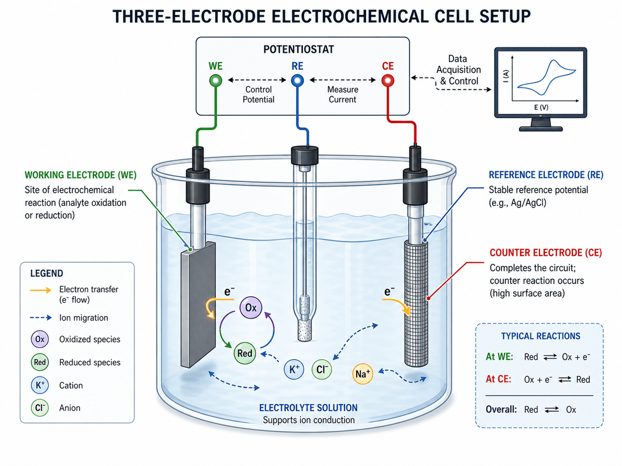 電気化学セル — 電気化学論文向けにイオンと電子の流れを示した三電極セルの断面模式図。