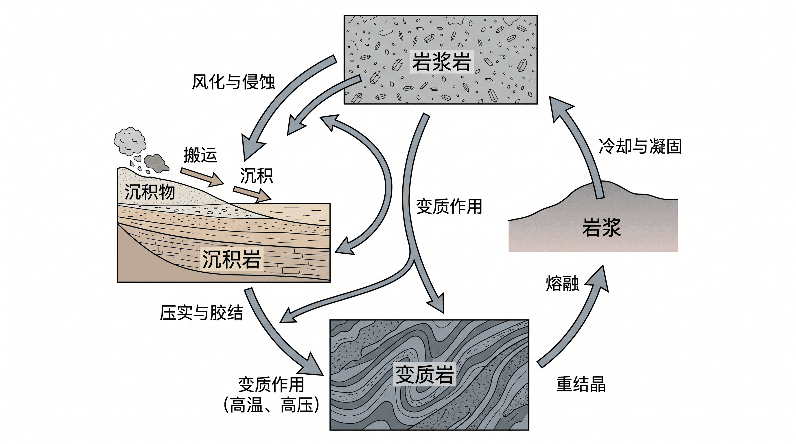 地球科学循环图 — 地球科学循环图，如岩石循环或水循环，标注各过程与箭头。