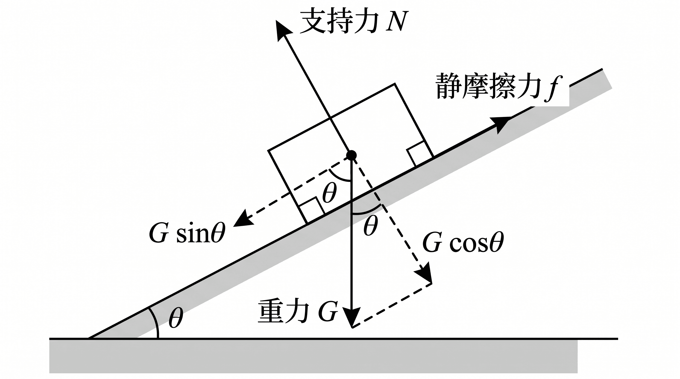 物理受力图 — 用于力学问题的受力分析图，标注力矢量、角度与分解后的分量。