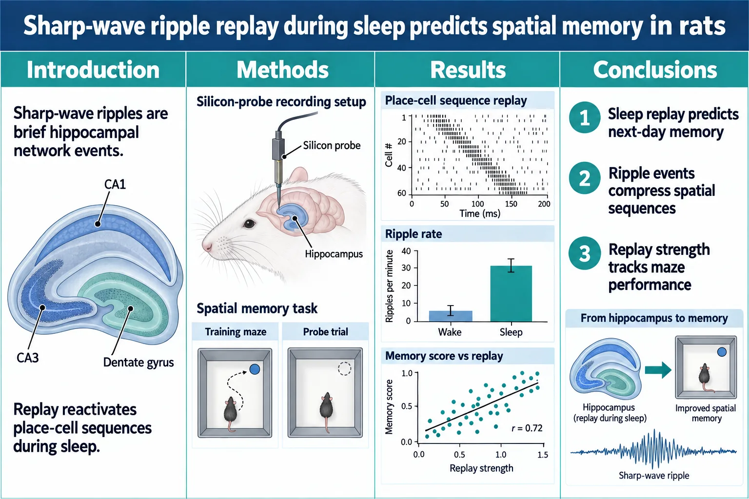 Hippocampal replay — Place-cell sequences, ripple rates and memory scores in four columns.