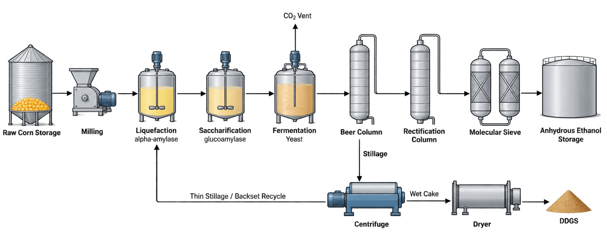 生質乙醇製程流程圖 — 玉米製乙醇 PFD，含蒸餾、脫水、酒糟回流與 DDGS 副產物物流。