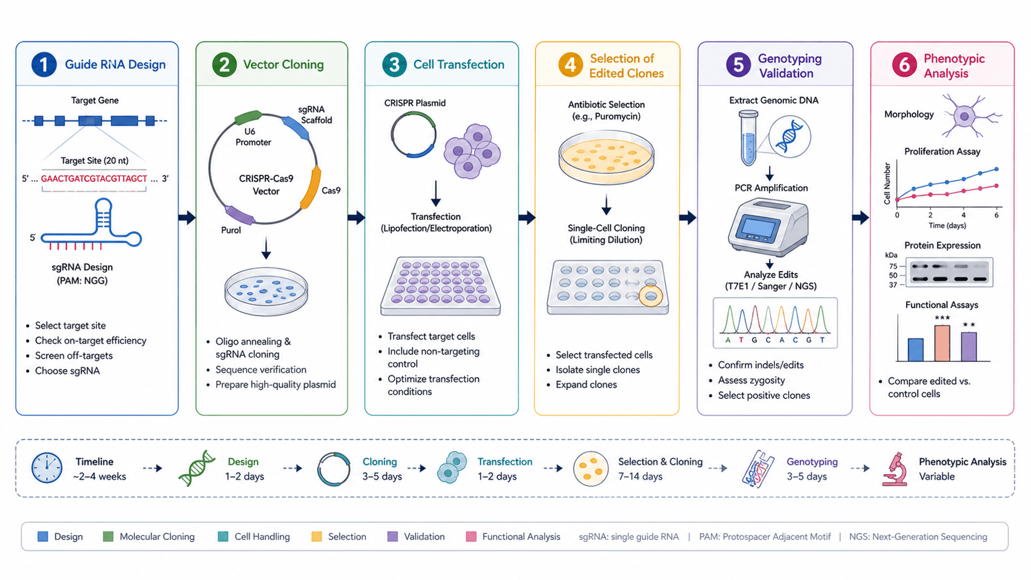 CRISPR 實驗流程 — CRISPR-Cas9 基因編輯流程，從引導 RNA 設計到表型驗證。