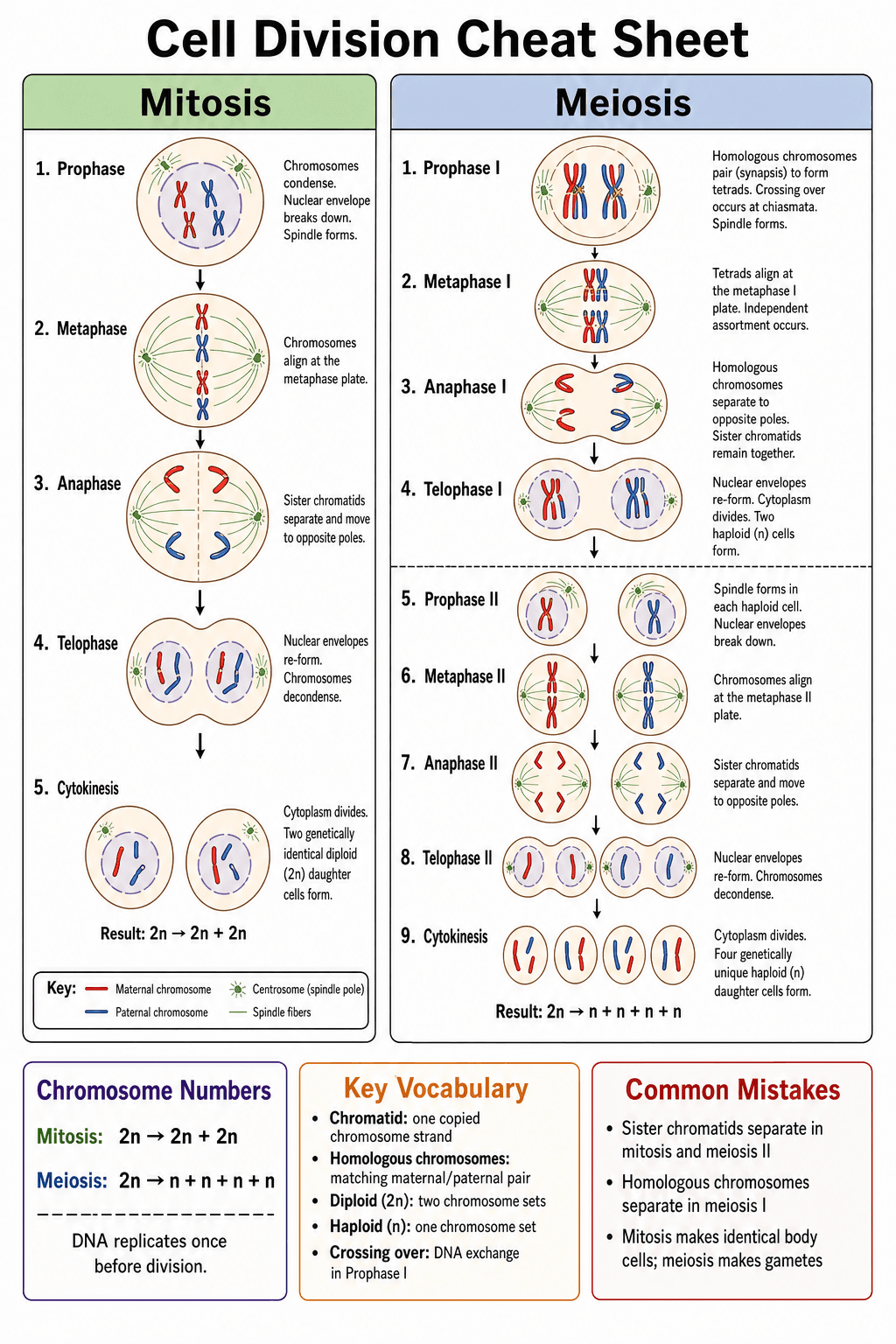 Biology: cell division — Mitosis vs meiosis phases, chromosome numbers, vocabulary, and exam pitfalls on one page.