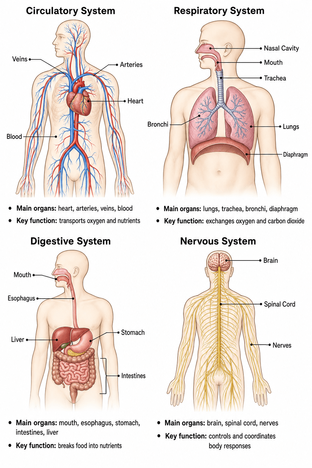 Human anatomy systems — Circulatory, respiratory, digestive, and nervous systems with labeled mini-diagrams.