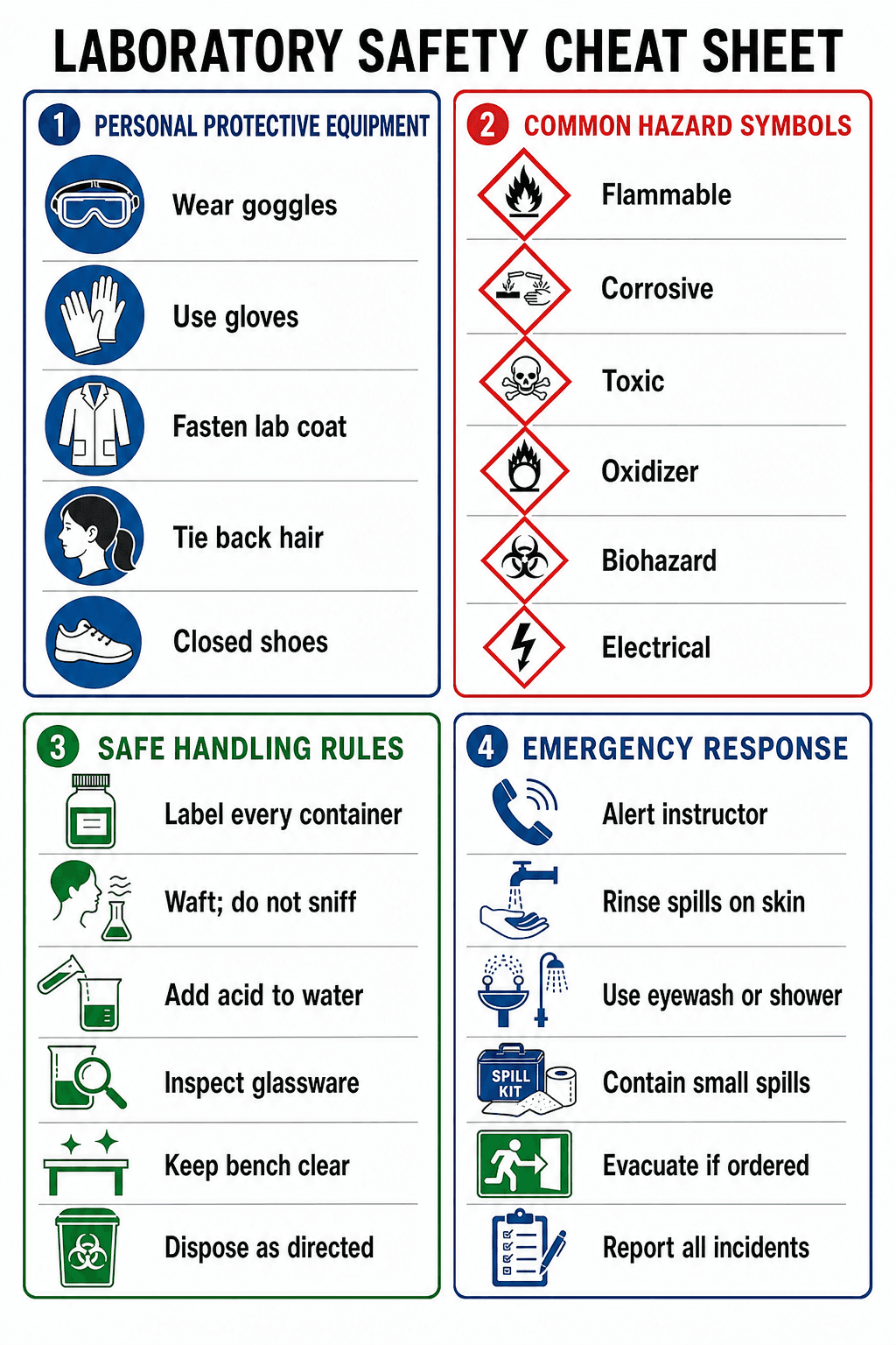 Laboratory safety — PPE, hazard symbols, handling rules, and an emergency checklist with clear icons.