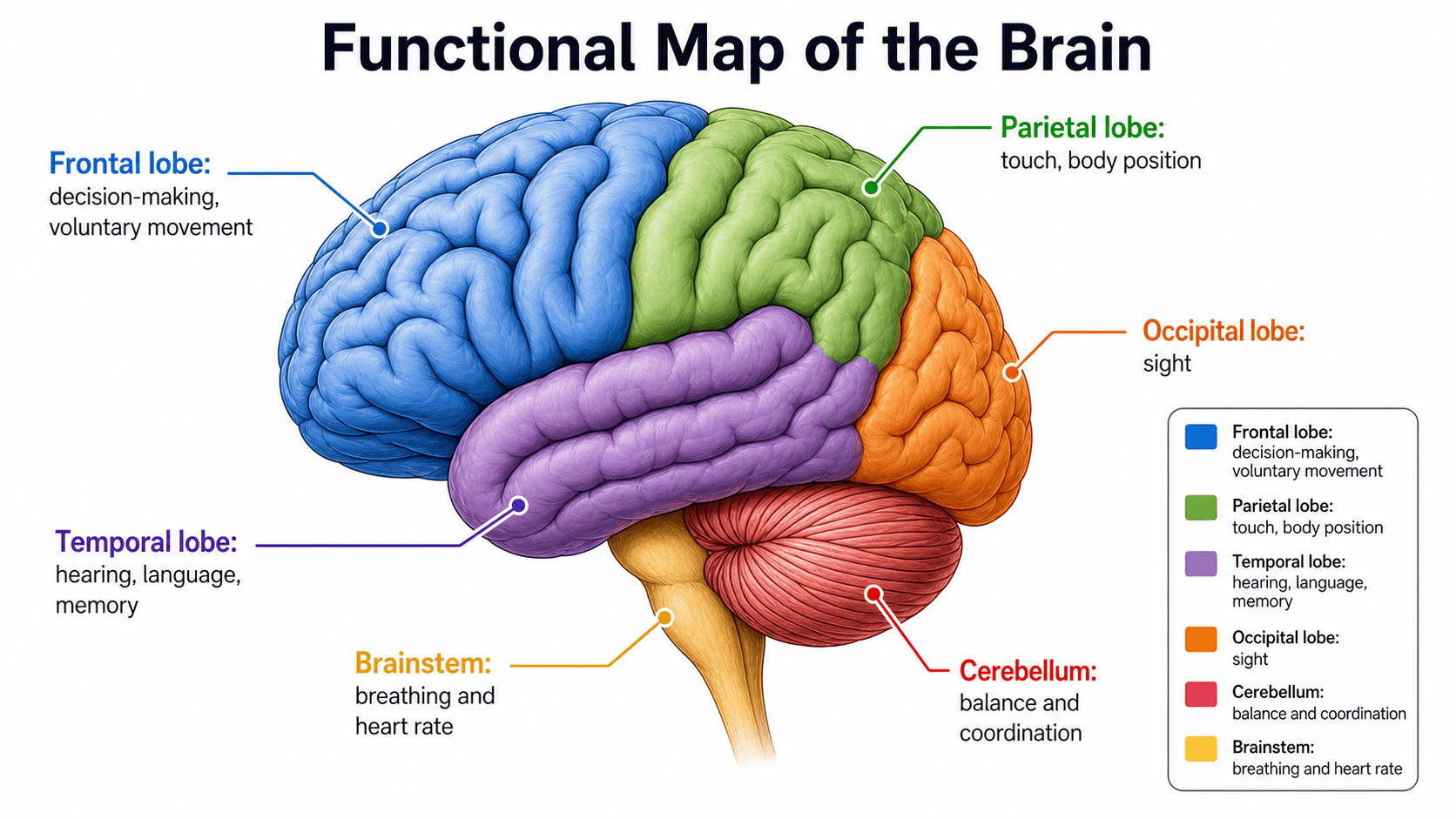Mapa de funciones del cerebro — Cada región emparejada con la función que desempeña, ideal para una guía de estudio rápida o un póster de repaso.