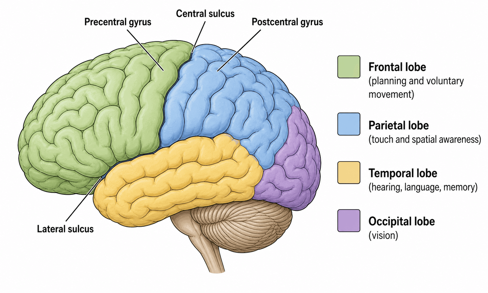 Los cuatro lóbulos cerebrales — Los lóbulos frontal, parietal, temporal y occipital codificados por color, con una leyenda y sus funciones clave.