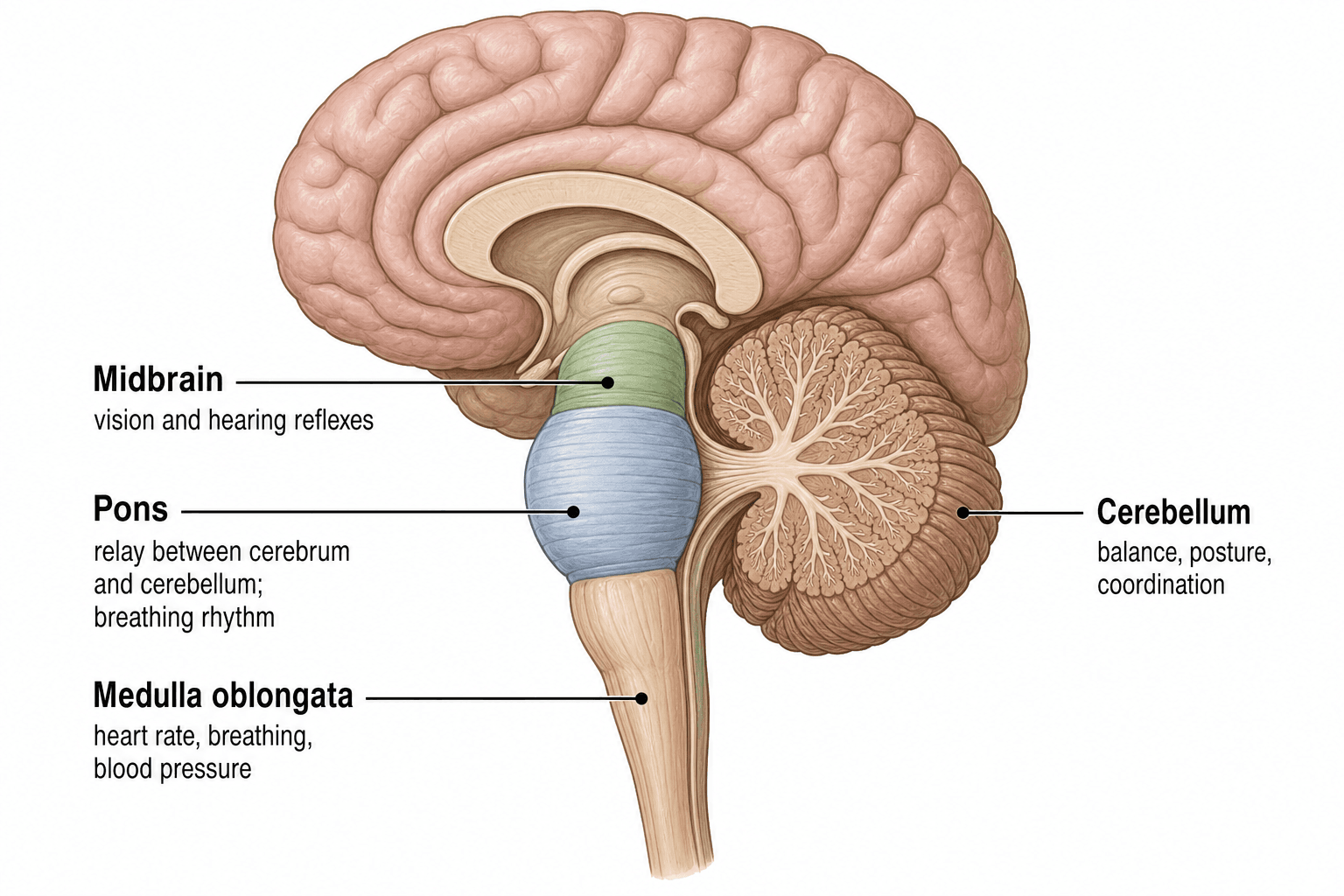 Tronco encefálico y cerebelo — El mesencéfalo, la protuberancia y el bulbo raquídeo etiquetados junto al cerebelo y su papel en el equilibrio y la coordinación.