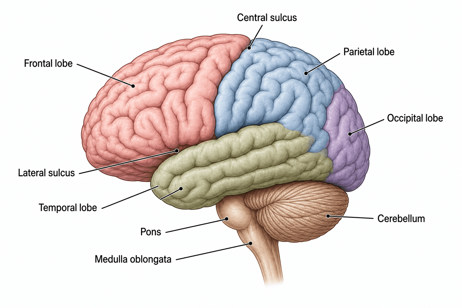 Resumen del cerebro etiquetado — Una vista lateral que etiqueta el cerebro, el cerebelo, el tronco encefálico y los cuatro lóbulos con líneas guía ordenadas.