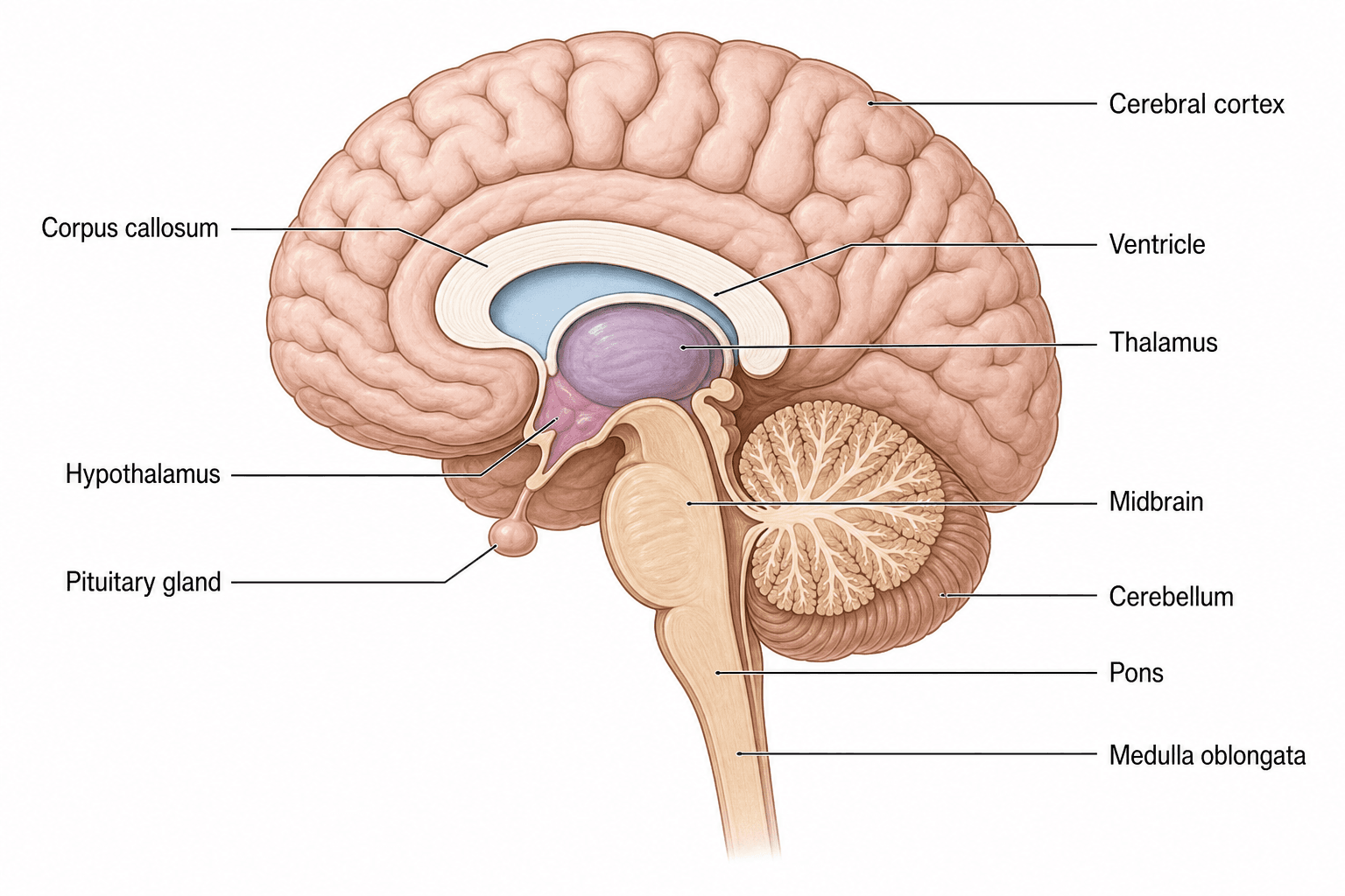 Corte transversal mediosagital — Una vista interna de la línea media que muestra el cuerpo calloso, el tálamo, el hipotálamo y los ventrículos.