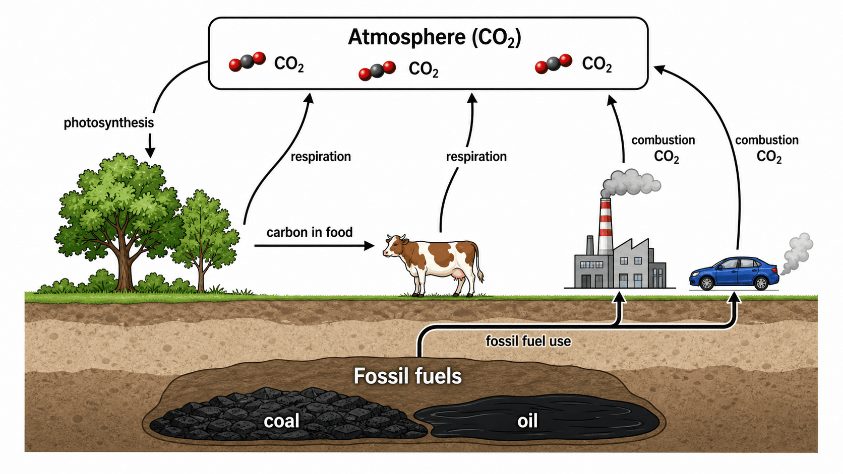 化石燃料与燃烧 — 包含化石燃料燃烧和人类排放向大气增添额外CO2的碳循环图，配有标注箭头。