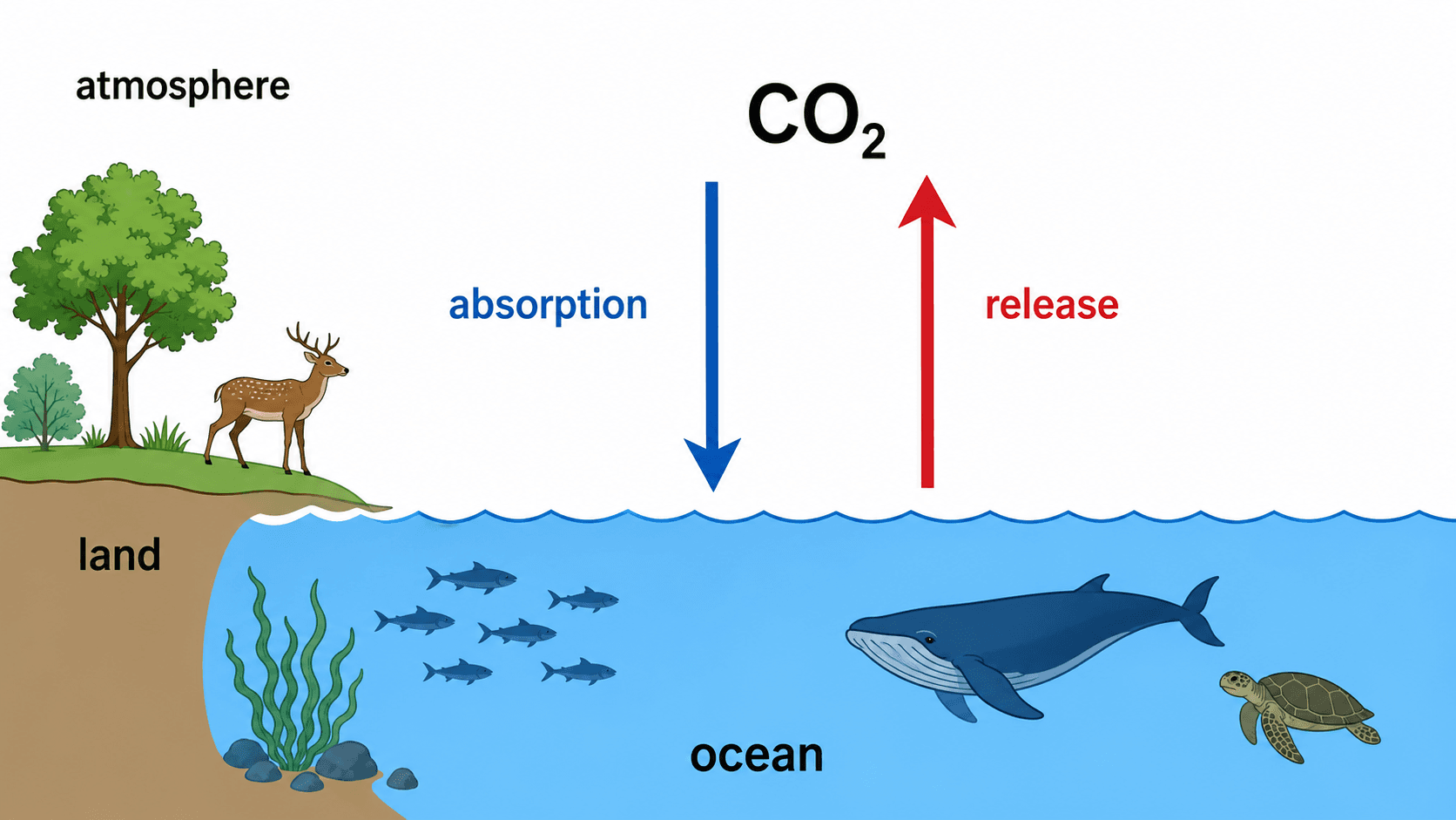 海洋碳交换 — 展示海洋吸收与释放CO2的碳循环图，呈现海洋与大气之间的碳交换。
