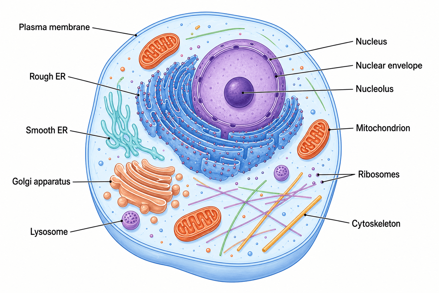 Eukaryotenzelle — Eine allgemeine eukaryotische Zelle, die ihre membranumschlossenen Organellen und den abgegrenzten Zellkern hervorhebt.