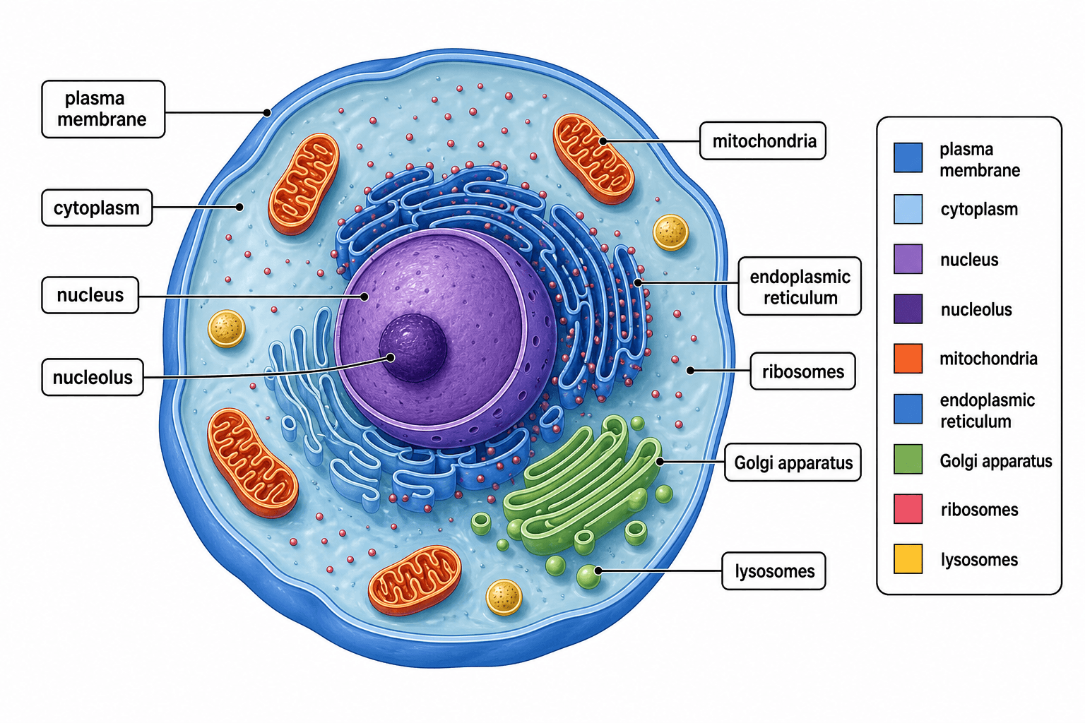 Beschriftete Zelle — Eine Tierzelle, bei der jede wichtige Organelle mit Textfeldern und einer übersichtlichen Legende benannt ist.