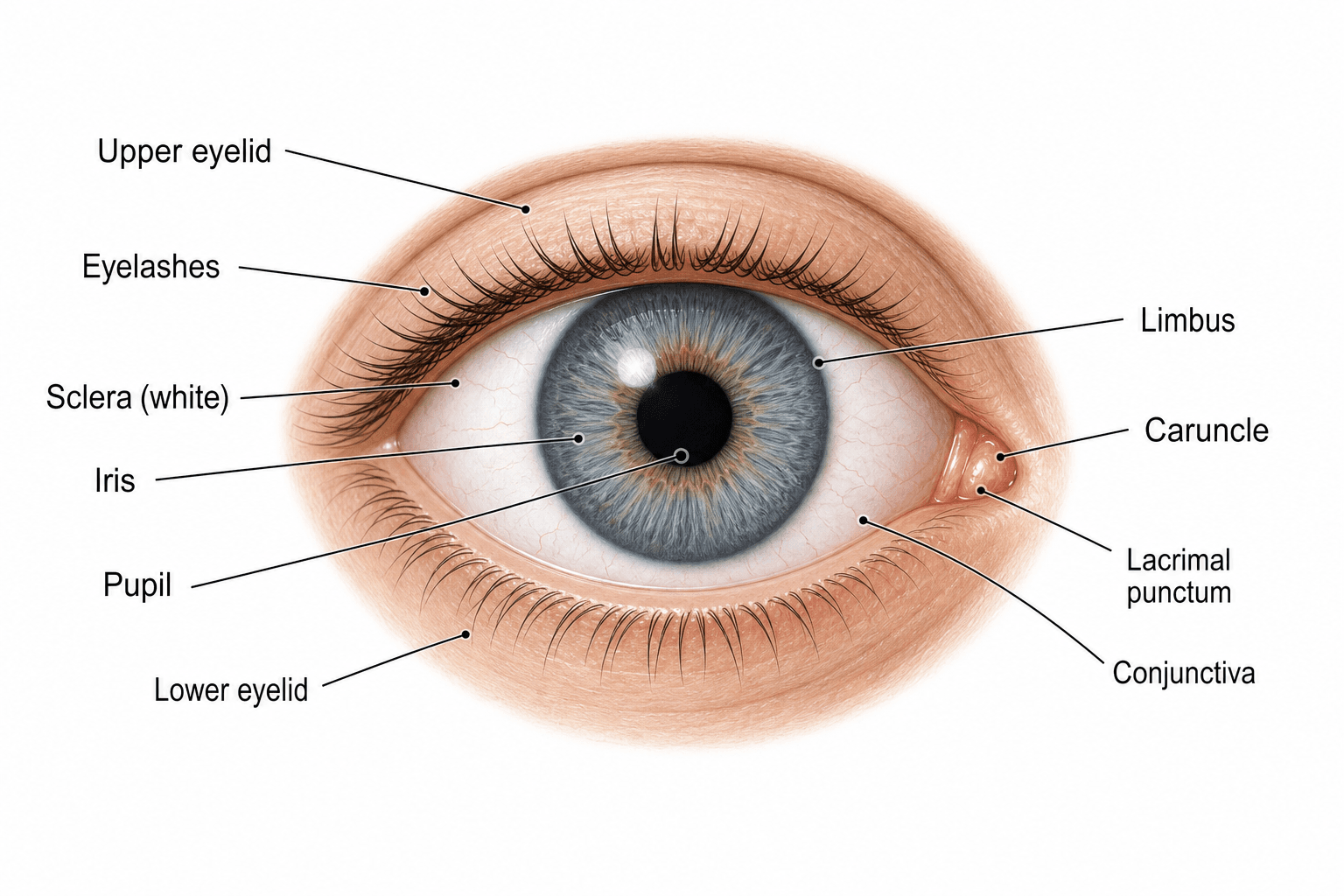 External eye (front view) — A front view labeling the eyelids, sclera, iris, pupil, and surrounding structures.